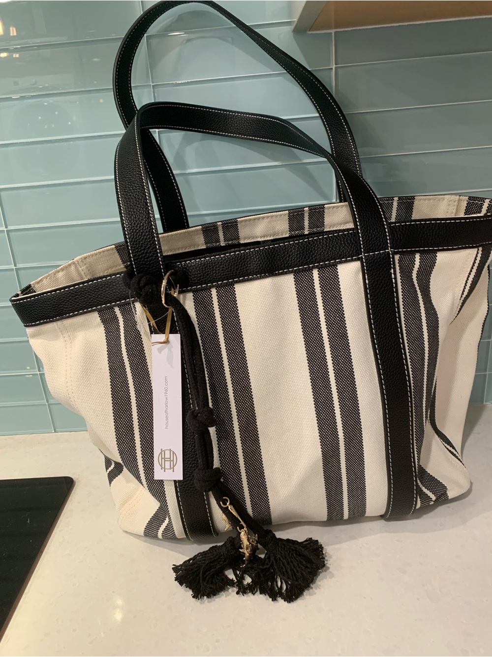 House of Harlow Black and White Striped Canvas Tote Fish Tassel Pouch NWT